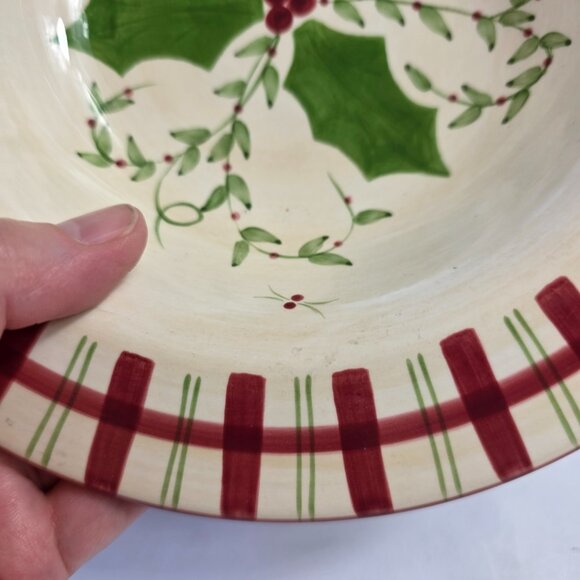 Los Angeles Pottery Laurie Gates Holiday Soup Bowl Green & Red Holly & Plaid - Picture 7 of 15